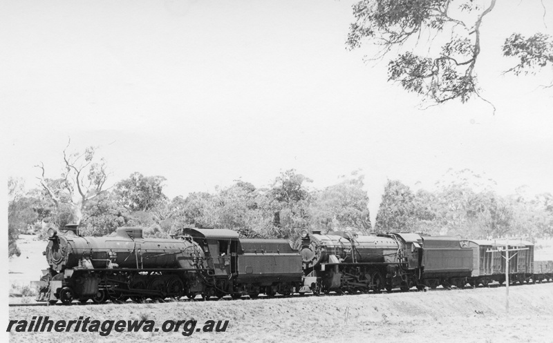 P17413
W class loco, V class loco, double heading goods train, passing through rural countryside, c1969

