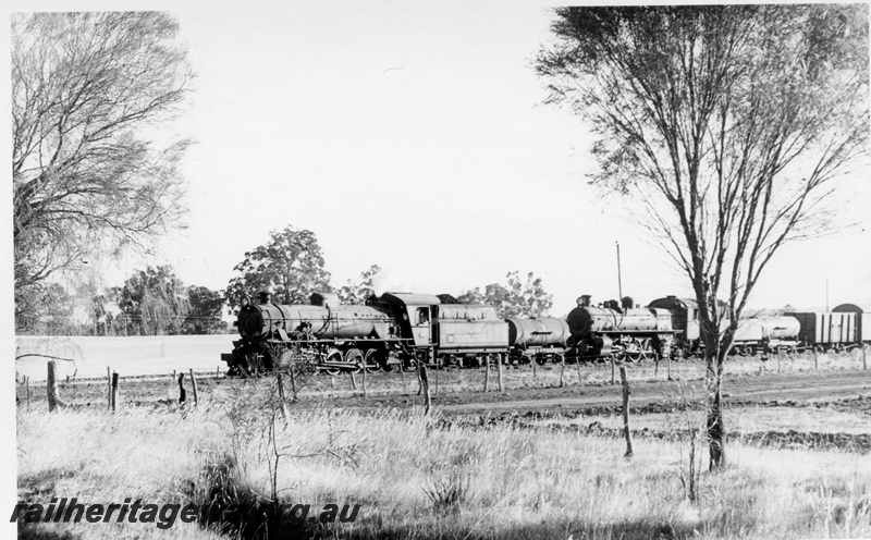 P17416
W class 911, PMR class 721, double heading No 104 goods train, approaching Geeralying, BN line
