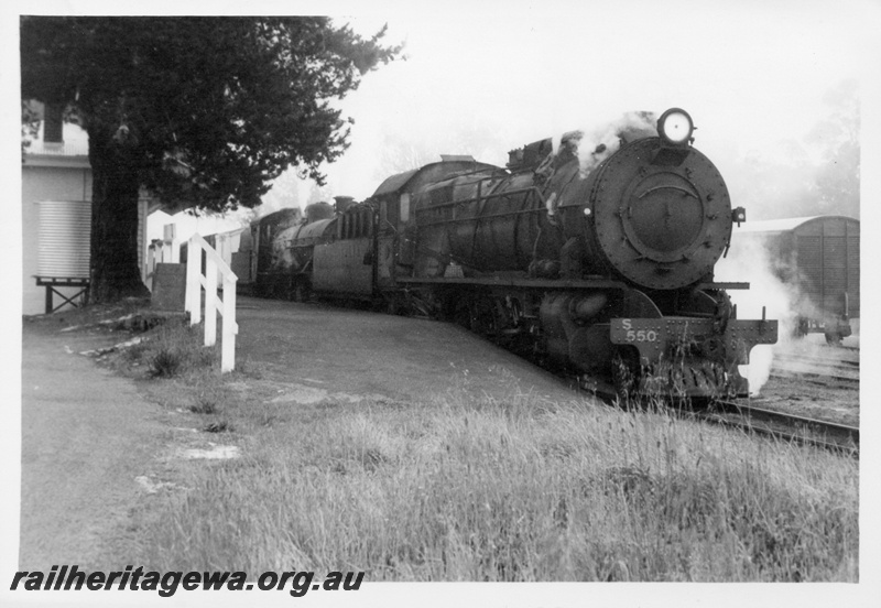 P17440
S class 550, W class 940, double heading No 335 goods train, station building, water tank, platform, goods van, Balingup, PP line
