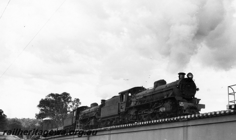 P17442
W class 937, W class 917, double heading 6 am ballast train to Balingup, crossing steel bridge, Bridgetown, PP line
