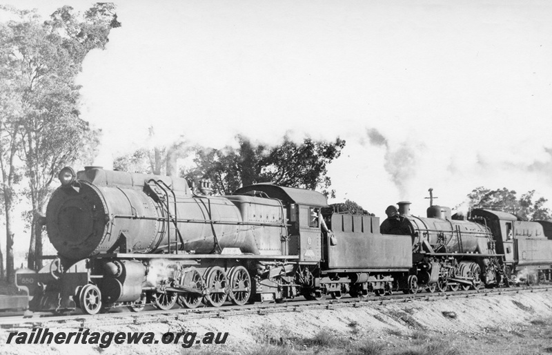 P17459
S class 550 and W class 940 steam locomotives hauling 335 goods through Newlands on the PP line. Note water bag hanging on side of tender on S class and cab side on W class. 
