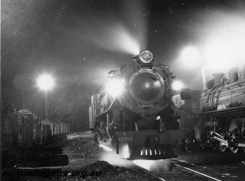 P17478
V class 1204 steam locomotive and unidentified V class and PR class at the Narrogin Loco Depot. GSR line.
