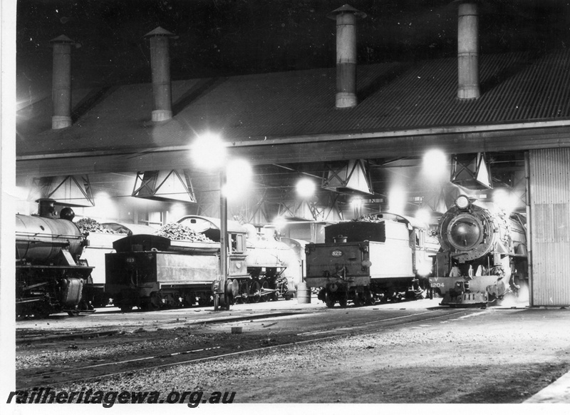 P17479
V class 1204, PR class 522 and F class 413 steam locomotives at Narrogin Loco. GSR line.
