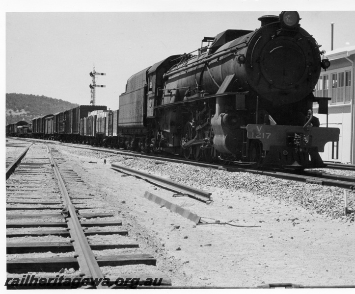 P17506
V class 1217, on No 20 up goods train, bracket signal, signal box, Bellevue, ER line
