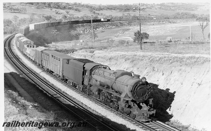 P17517
V class 1215, on No 24 York to Perth goods train, Horseshoe Cutting, leaving West Toodyay, ER line
