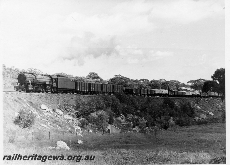 P17519
V class 1206, on No 19 goods train to York, on embankment, culvert in foreground, ER line
