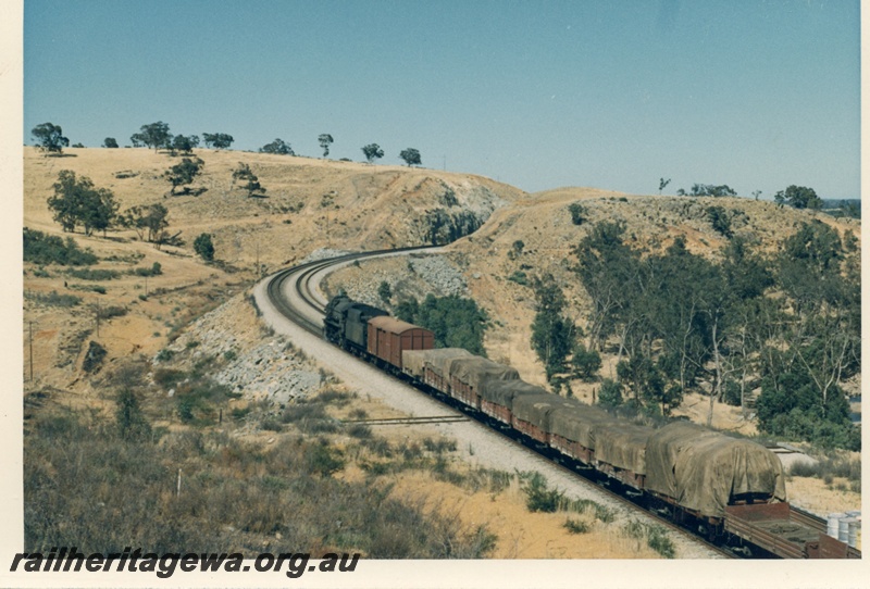 P17529
V class 1214 steam loco on York to Perth goods train, approaching cutting, between No1 and No 2 cuttings, Avon Valley line, moving away from camera
