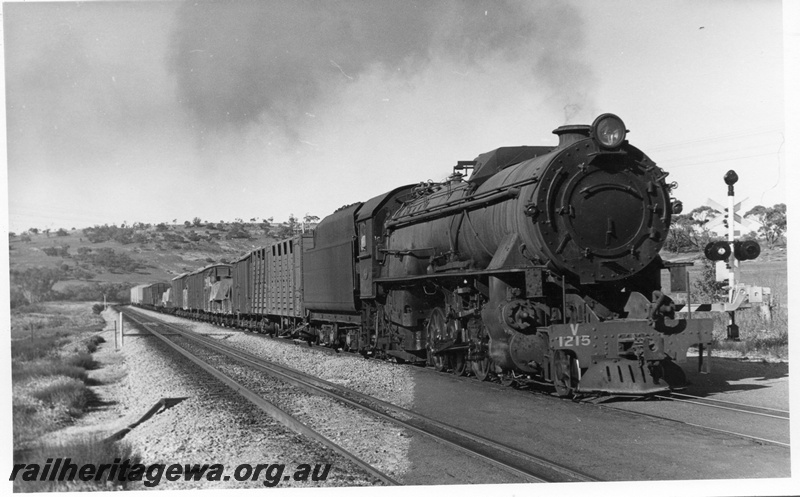 P17535
V class 1215, on York to Perth goods train, passing level crossing, Avon Valley line
