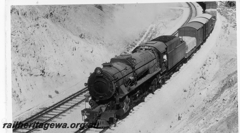 P17539
V class 1201, on goods train, passing through cutting, c1969
