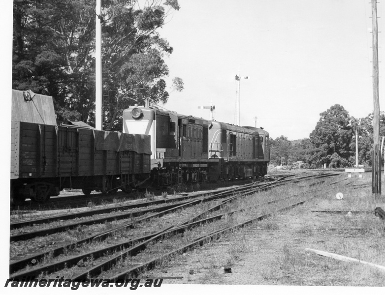 P17595
C class 1702 and Y class 1116 diesel locomotives working a down goods train through Chidlow. Semaphore signals in front of train, light poles either side and yard trackage. ER line.
