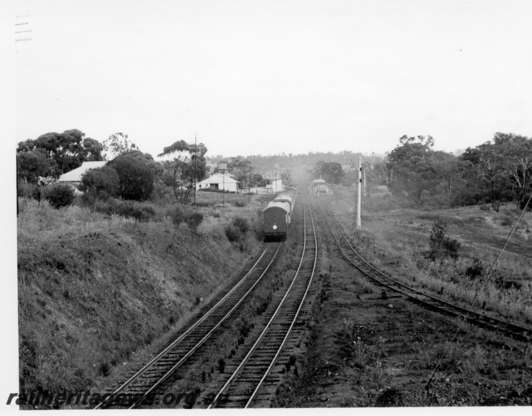 P17603
The last Westland Express passing through Clackline. ER line. Station buildings in the distance. Track on right is the former Toodyay - Clackline line.
