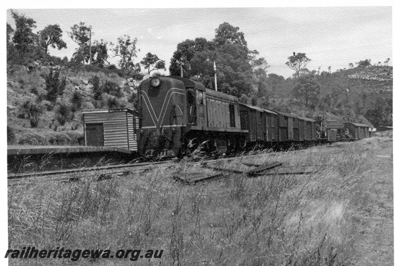 P17614
C class 1702 diesel locomotive at the west end of Swan View platform on a Down goods train. ER line. Note the shed of the platform and the light poles above the locomotive.
