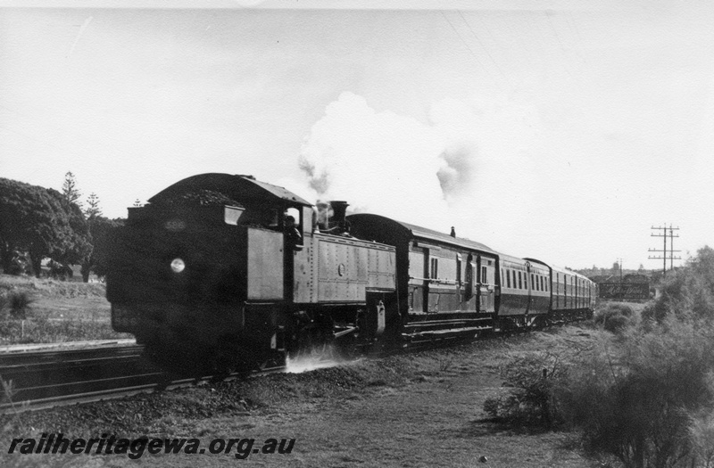 P17646
DM class 586steam locomotive with a special train at Grant Street station. ER line. Bogies express break van and AYU passenger carriage first two vehicles behind locomotive.
