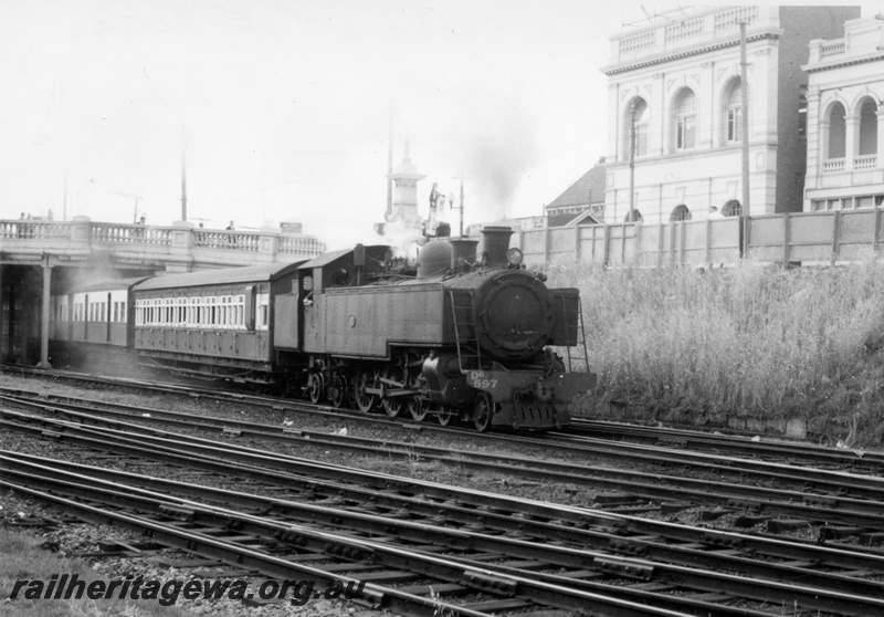 P17671
DD class 597, on suburban passenger train, Barrack Street bridge, departing Perth 
