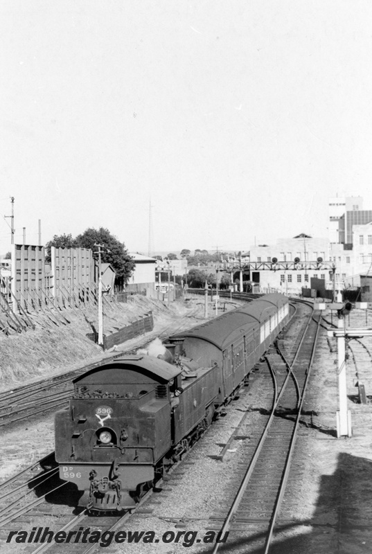 P17702
DD class 596, bunker first, on suburban passenger train, signal gantry, bracket signal, ER line, c1966
