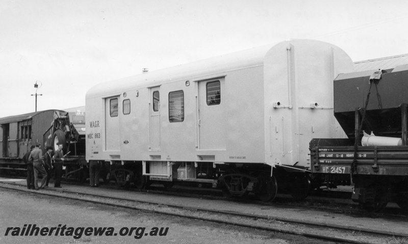 P17780
WBC class 863 brakevan, WAGR standard gauge built at Islington Workshops, South Australia, side and end view, part of HC class 21457 wagon, en route from Kalgoorlie
