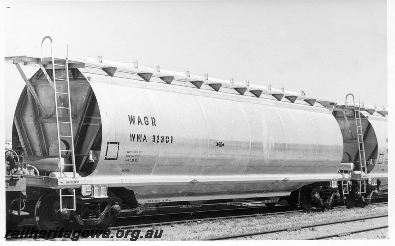 P17887
1 of 3 Midland built aluminium wheat wagons, WWA class 32301, wheat sheaf on side, end and side view
