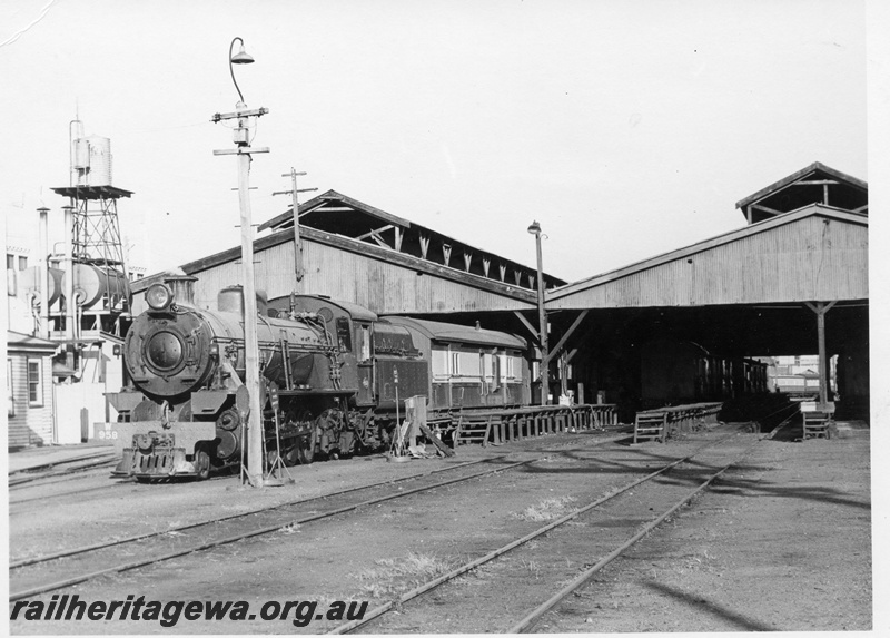 P17916
1 of 3 Wapet Special, W class 958, off Wapet Special, loco shed, light pole, front and side view

