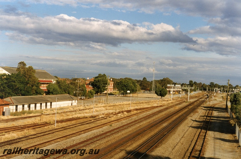 P17973
Trackwork, workshop buildings, signal gantry, Midland, ER line, c1998 
