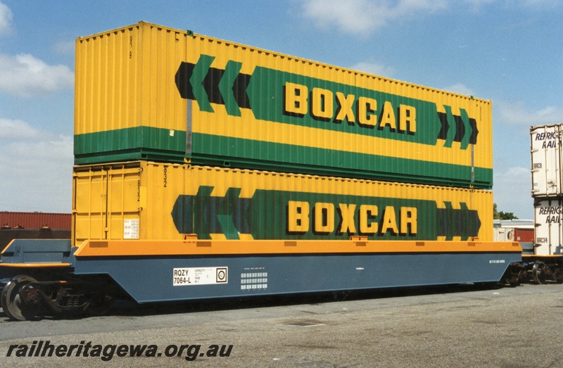 P18006
3 of 3 double stacked container wagons, RQYZ7064L container wagon, Kewdale yard, one of five permanently coupled together, end and side view
