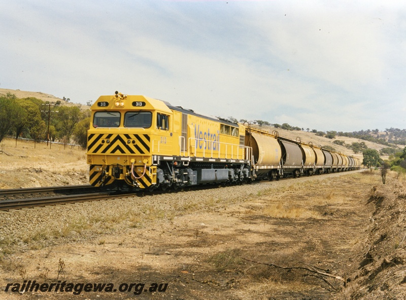 P18057
Q class 313 (reclassified Q class 4013) , heading freight train of empty wagons to Merredin, Avon Valley line, front and side view 
