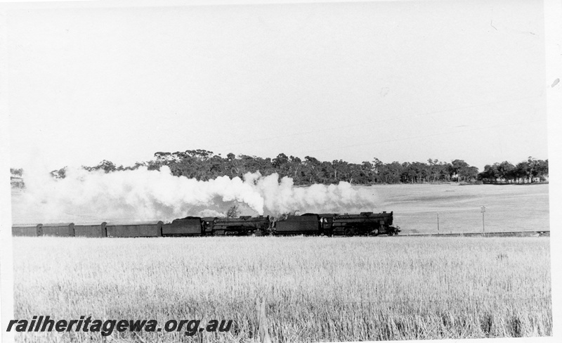 P18168
V classes double heading, billowing copious amounts of smoke, heading a goods train though rural countryside, Cuballing, GSR line
