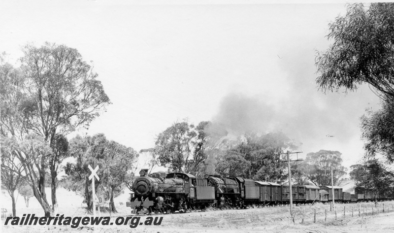 P18228
PM class 714 steam locomotive double heading with another steam locomotive on goods train, approaching level crossing, front and side view.
