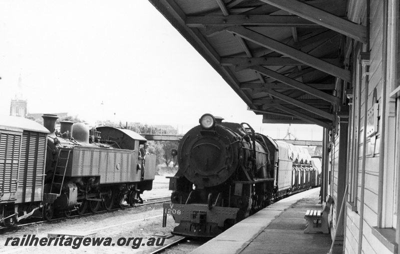 P18288
V class 1208 on goods train No 78, DM class 583 on adjacent track, platform, station building, Subiaco, ER line
