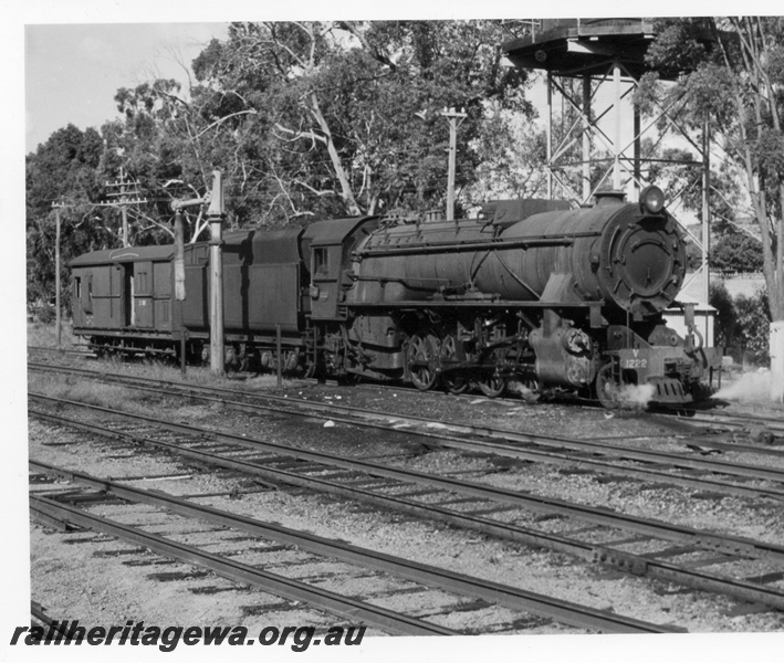 P18366
V class 1222, Z class brakevan, water tower,water column with the extended column,  Koojedda, ER line, side and front view 
