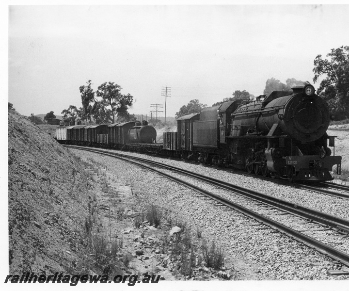 P18373
V class 1213 on No 11 up goods train, ER line, side and front view
