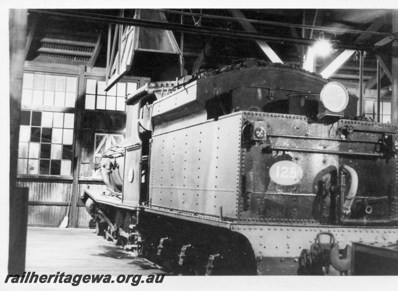 P18445
G class 123, inside Bunbury roundhouse, SWR line, side and rear view
