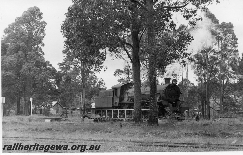 P18460
W class 927, on turntable, Nannup, WN line, side and front view through trees
