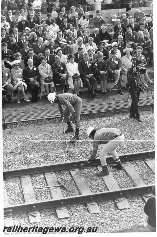 P18479
10 of 12 images relating to the ceremony for the linking of the standard gauge railways at Kalgoorlie, Thursday Islanders knock in the last spikes to link up the standard gauge railways, seated guests and spectators look on
