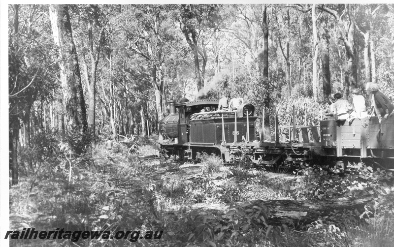 P18489
YX class 86, on tour train on Bunning Bros mill line, Donnelly River, view along side of train towards front
