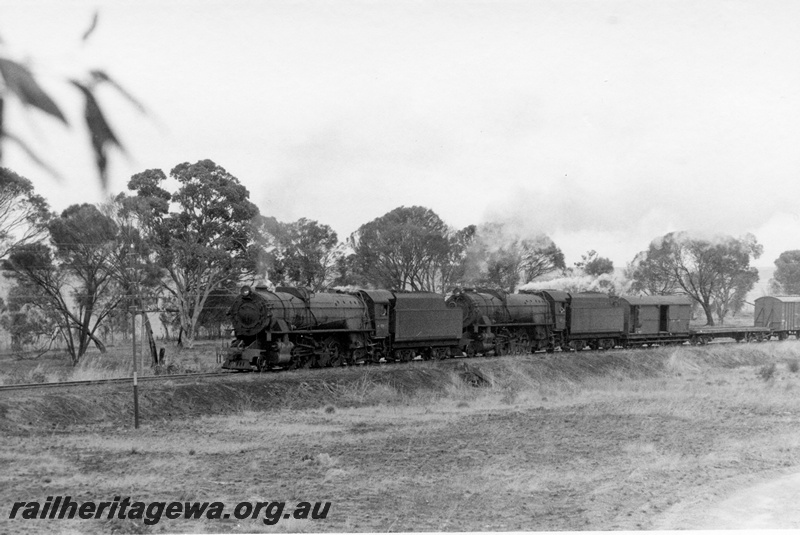 P18509
1 of 4 images of V class 1205 and V class 1222 on No 11 goods train near Cuballing on the GSR line, brakevan behind loco, on Cuballing Bank, front and side view 
