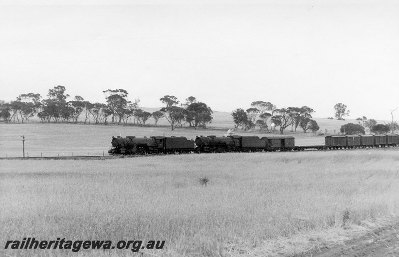 P18510
2 of 4 images of V class 1205 and V class 1222 on No 11 goods train near Cuballing on the GSR line, open countryside, 2 miles down side Cuballing, middle distance shot 
