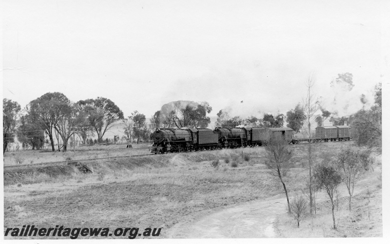 P18511
3 of 4 images of V class 1205 and V class 1222 on No 11 goods train near Cuballing on the GSR line, down side Cuballing, front and side view 
