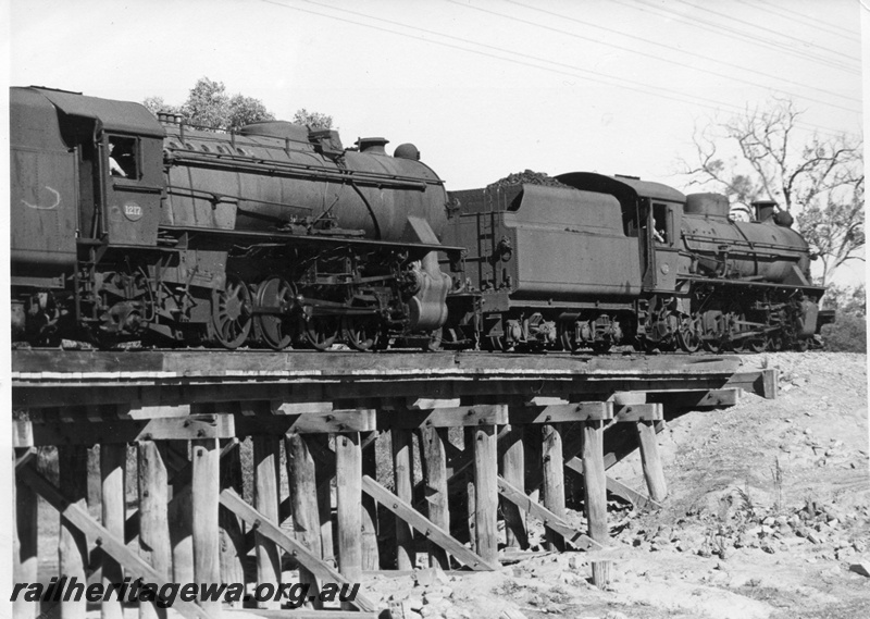 P18535
W class 955, V class 1217, crossing wooden trestle bridge, between Narrogin and Brookton, GSR line, rear and side view
