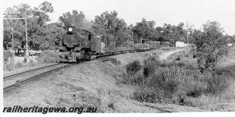 P18544
W class 948, on No 339 goods train to Bridgetown, crossing culvert, between Bunbury and Preston River bridge, PP line
