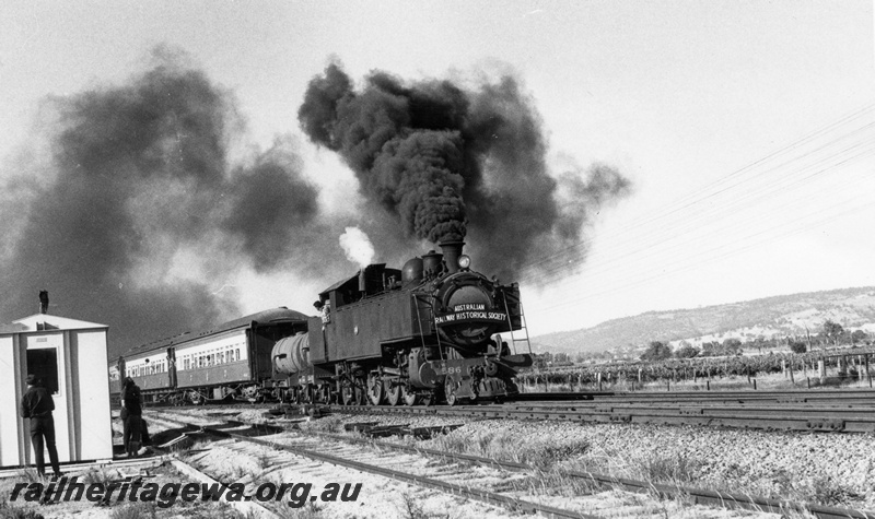 P18591
4 of 7 images of DM class 586 on ARHS tour train to Gingin on MR line, trackside building, vineyards, Millendon Junction, blowing black smoke from Newcastle coal
