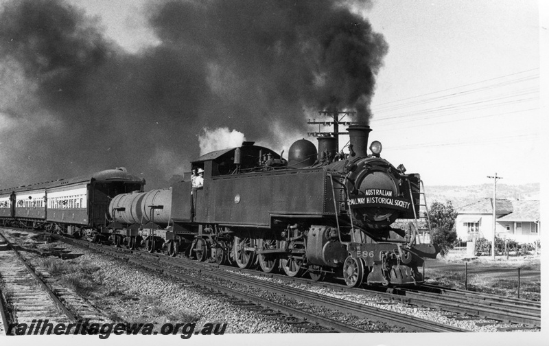 P18592
5 of 7 images of DM class 586 on ARHS tour train to Gingin on MR line, departing Millendon Junction, blowing black smoke from Newcastle coal, side and front view
