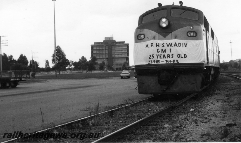 P18620
GM class 1 & GM class 14 diesel locomotives at the western end of East Perth Terminal after detaching from the Trans Australian passenger prior to running around the train. 
