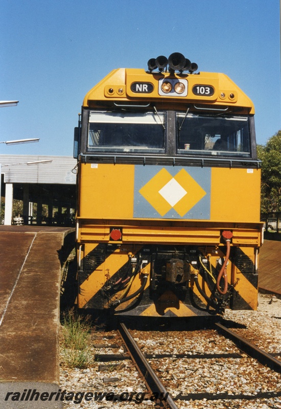 P18651
NR class 103 diesel locomotive at the Motorial dock at East Perth Terminal. The locomotive was owned by National Rail and is painted in that Authority's colour scheme 
