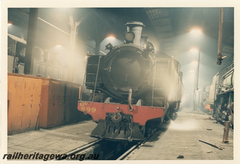 P18687
DD class 599, inside shed, East Perth loco depot, front on view
