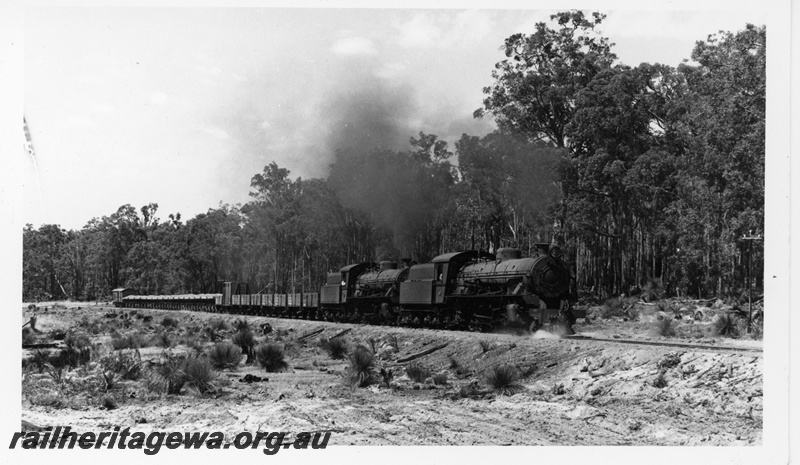 P18702
W class 955, another W class loco, another steam loco, vans, goods shed, Balingup, PP line

