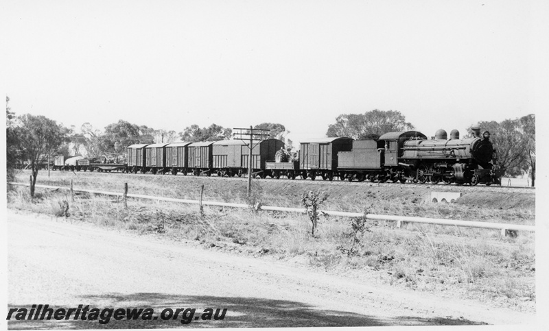 P18705
PR class 523, on York to Narrogin goods train, crossing culvert, water pipeline, GSR line
