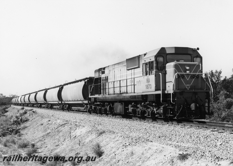 P18714
NA class 1873, in Westrail orange with white edged blue stripe, on goods train, side and front view
