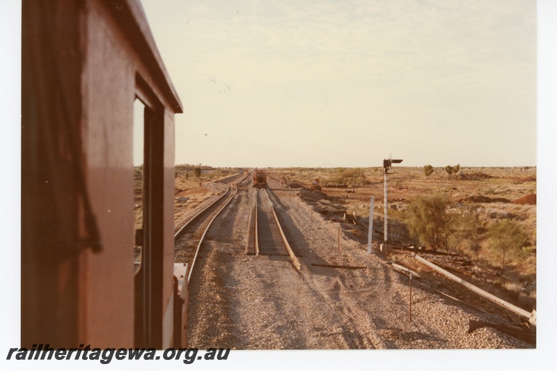 P18737
Mount Newman (MNM) Turner siding - drivers view of temporary trackwork following derailment.
