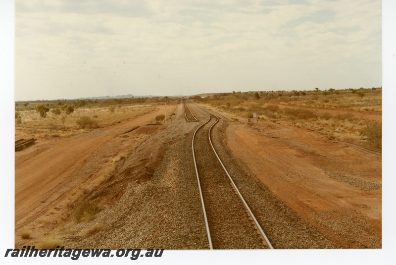 P18739
Mount Newman (MNM) Turner siding - drivers view of temporary trackwork following derailment.
