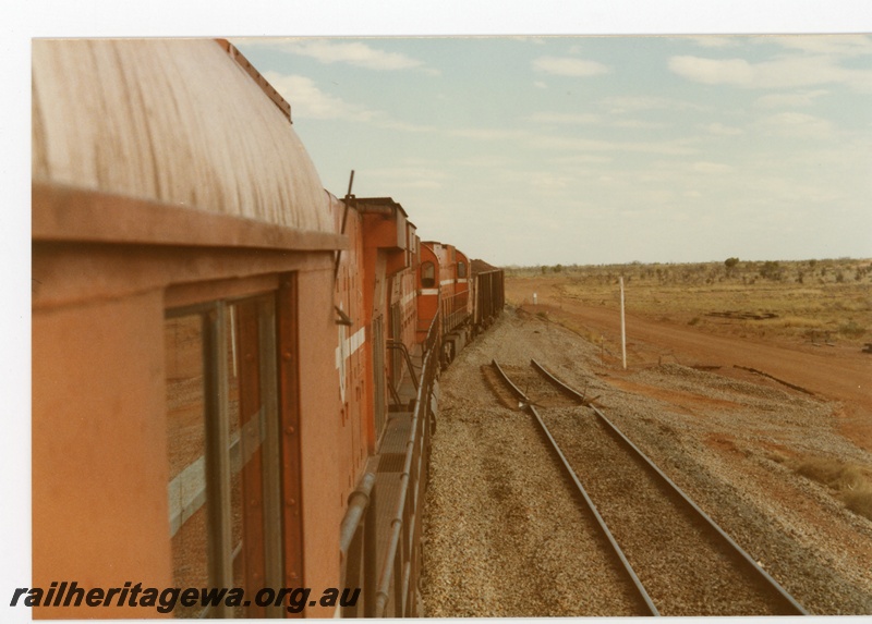 P18740
Mount Newman (MNM) Turner siding - drivers view of temporary trackwork following derailment.
